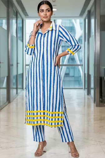 Women Striped Regular Kurta with Trousers
