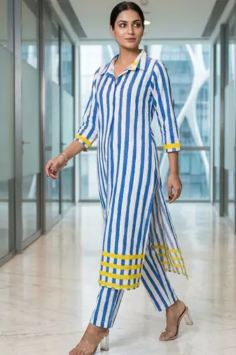Women Striped Regular Kurta with Trousers