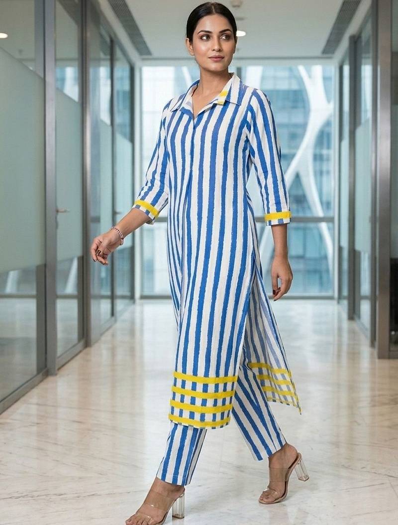 Women Striped Regular Kurta with Trousers