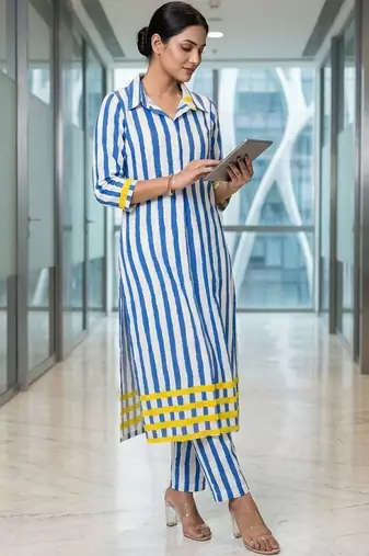 Women Striped Regular Kurta with Trousers