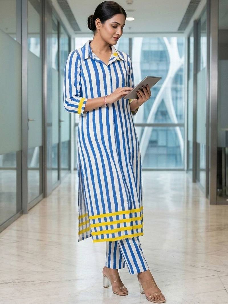 Women Striped Regular Kurta with Trousers
