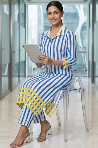 Women Striped Regular Kurta with Trousers