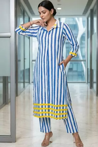 Women Striped Regular Kurta with Trousers