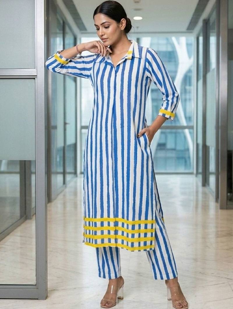 Women Striped Regular Kurta with Trousers