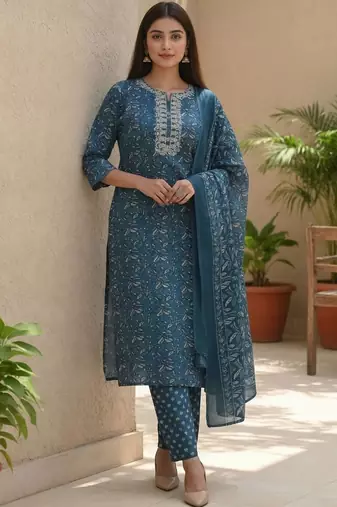 Women Ethnic Motifs Printed Regular Thread Work Pure Cotton Kurta with Trousers & With Dupatta