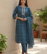 Women Ethnic Motifs Printed Regular Thread Work  Cotton Kurta with Trousers & With Dupatta