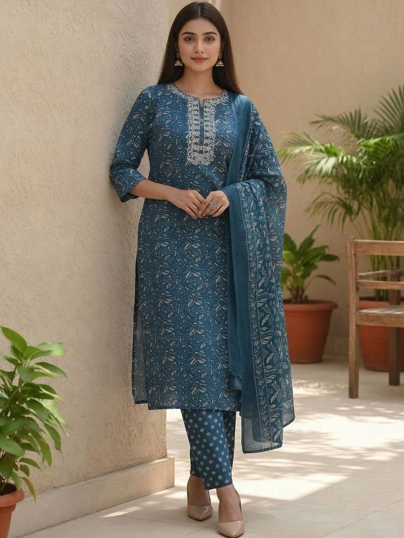 Women Ethnic Motifs Printed Regular Thread Work Pure Cotton Kurta with Trousers & With Dupatta