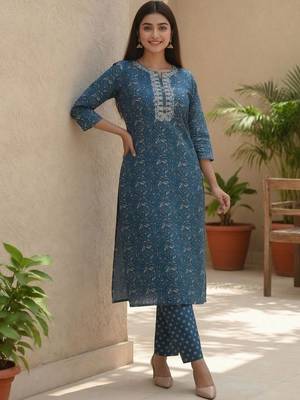 Women Ethnic Motifs Printed Regular Thread Work  Cotton Kurta with Trousers & With Dupatta 4