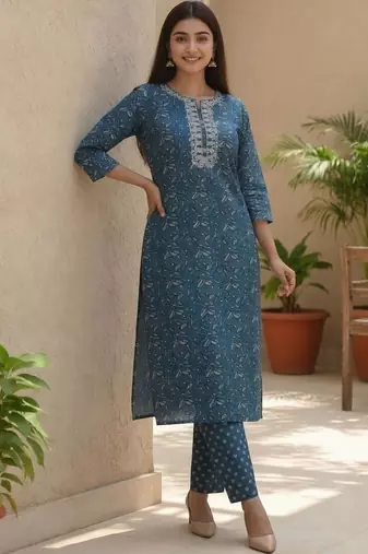 Women Ethnic Motifs Printed Regular Thread Work Pure Cotton Kurta with Trousers & With Dupatta
