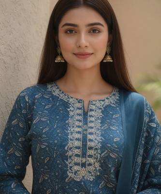 Women Ethnic Motifs Printed Regular Thread Work  Cotton Kurta with Trousers & With Dupatta 5