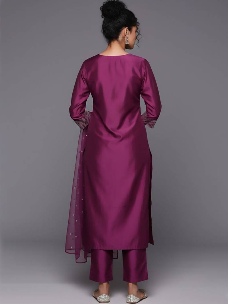 Women Embroidered Regular Sequinned Chanderi Silk Kurta with Trousers & With Dupatta