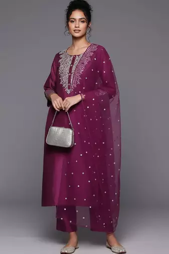 Women Embroidered Regular Sequinned Chanderi Silk Kurta with Trousers & With Dupatta