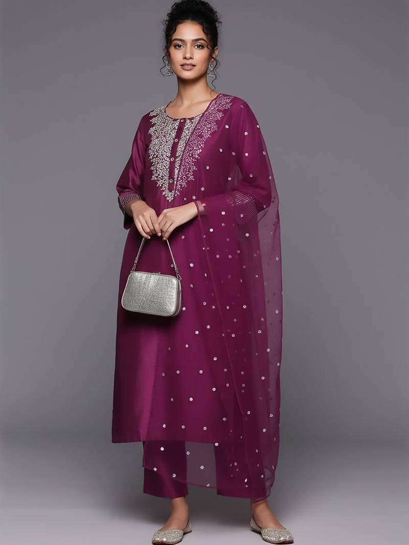 Women Embroidered Regular Sequinned Chanderi Silk Kurta with Trousers & With Dupatta