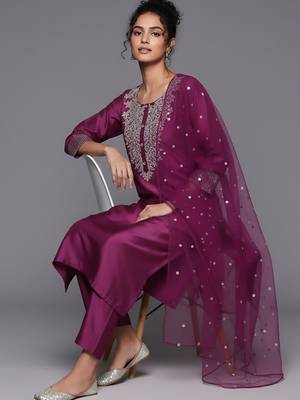 Women Embroidered Regular Sequinned Chanderi Silk Kurta with Trousers & With Dupatta 7