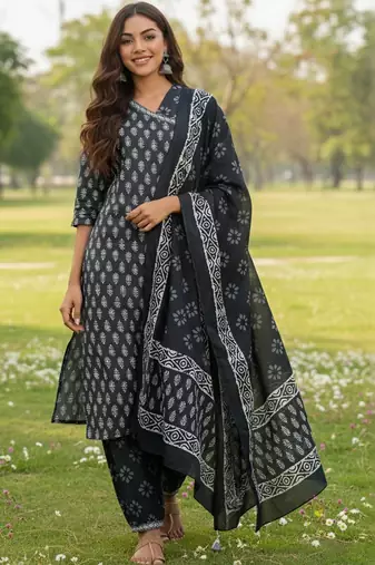 Ethnic Motifs Printed V-Neck Angrakha A-Line Kurta With Patiala & Dupatta