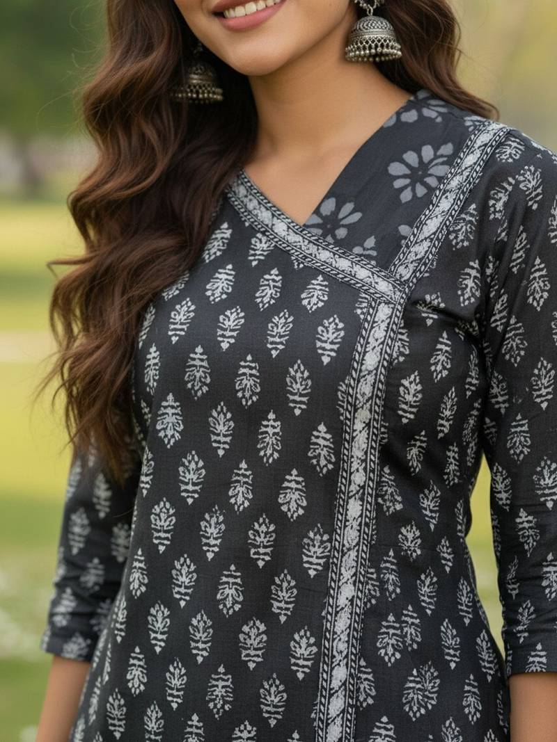 Ethnic Motifs Printed V-Neck Angrakha A-Line Kurta With Patiala & Dupatta