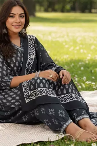 Ethnic Motifs Printed V-Neck Angrakha A-Line Kurta With Patiala & Dupatta