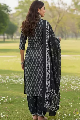 Ethnic Motifs Printed V-Neck Angrakha A-Line Kurta With Patiala & Dupatta