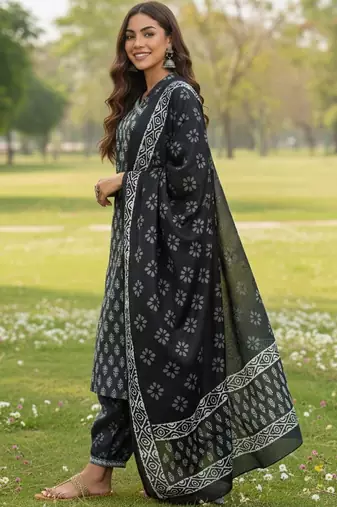 Ethnic Motifs Printed V-Neck Angrakha A-Line Kurta With Patiala & Dupatta