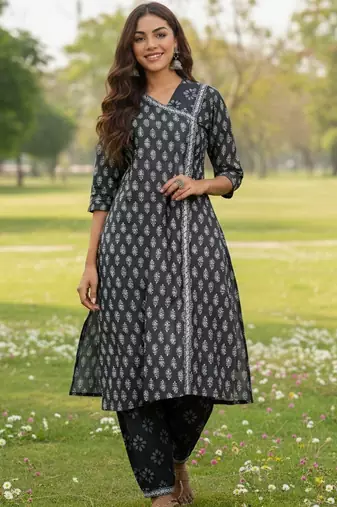 Ethnic Motifs Printed V-Neck Angrakha A-Line Kurta With Patiala & Dupatta
