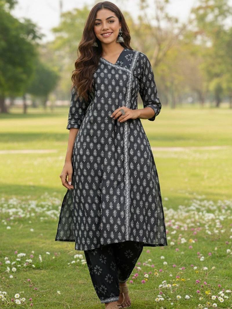 Ethnic Motifs Printed V-Neck Angrakha A-Line Kurta With Patiala & Dupatta