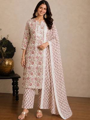Women Floral Printed Regular  Cotton Kurta with Trousers & With Dupatta 1
