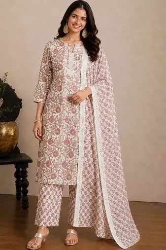 Women Floral Printed Regular Pure Cotton Kurta with Trousers & With Dupatta