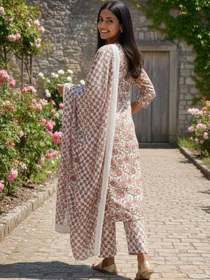 Women Floral Printed Regular  Cotton Kurta with Trousers & With Dupatta 3