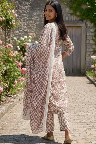 Women Floral Printed Regular Pure Cotton Kurta with Trousers & With Dupatta