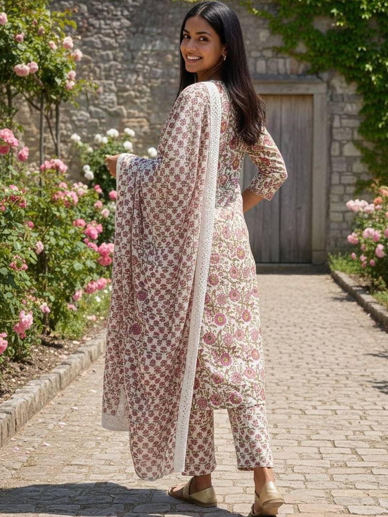 Women Floral Printed Regular  Cotton Kurta with Trousers & With Dupatta