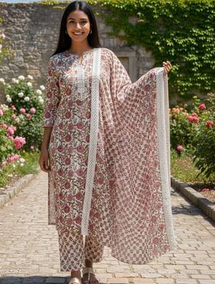 Women Floral Printed Regular  Cotton Kurta with Trousers & With Dupatta 4