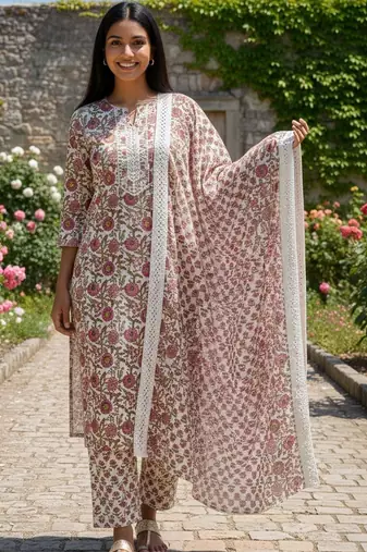 Women Floral Printed Regular Pure Cotton Kurta with Trousers & With Dupatta
