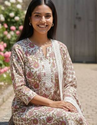 Women Floral Printed Regular  Cotton Kurta with Trousers & With Dupatta 5