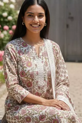 Women Floral Printed Regular Pure Cotton Kurta with Trousers & With Dupatta