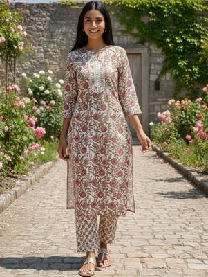 Women Floral Printed Regular  Cotton Kurta with Trousers & With Dupatta 6