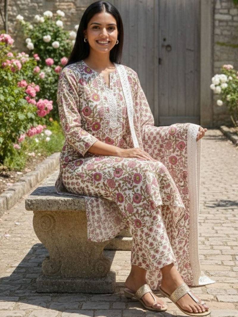 Women Floral Printed Regular  Cotton Kurta with Trousers & With Dupatta