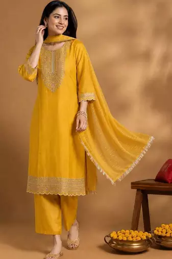 Floral Yoke Design Round Neck Straight Kurta With Trousers & Dupatta