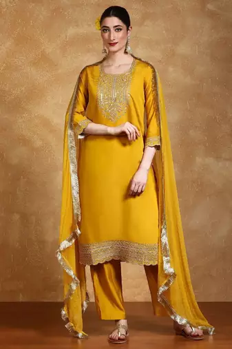 Floral Yoke Design Round Neck Straight Kurta With Trousers & Dupatta