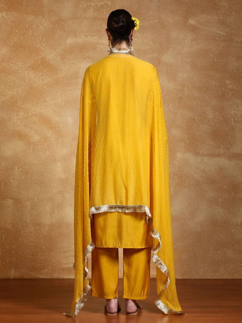 Floral Yoke Design Round Neck Straight Kurta With Trousers & Dupatta