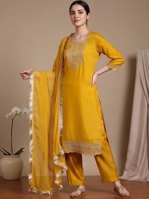 Women Ethnic Motifs Embroidered Regular Thread Work Kurta with Trousers & With Dupatta 1