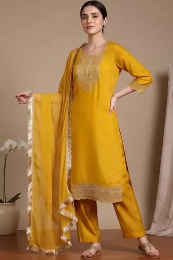 Women Ethnic Motifs Embroidered Regular Thread Work Kurta with Trousers & With Dupatta