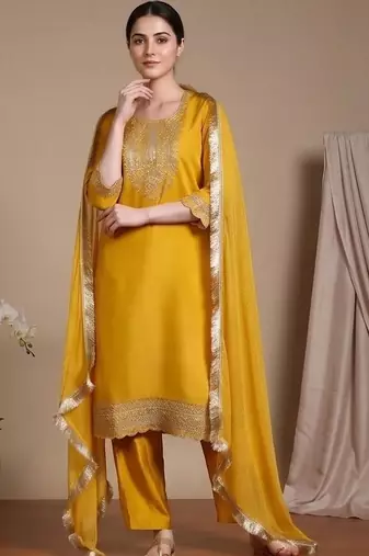 Women Ethnic Motifs Embroidered Regular Thread Work Kurta with Trousers & With Dupatta