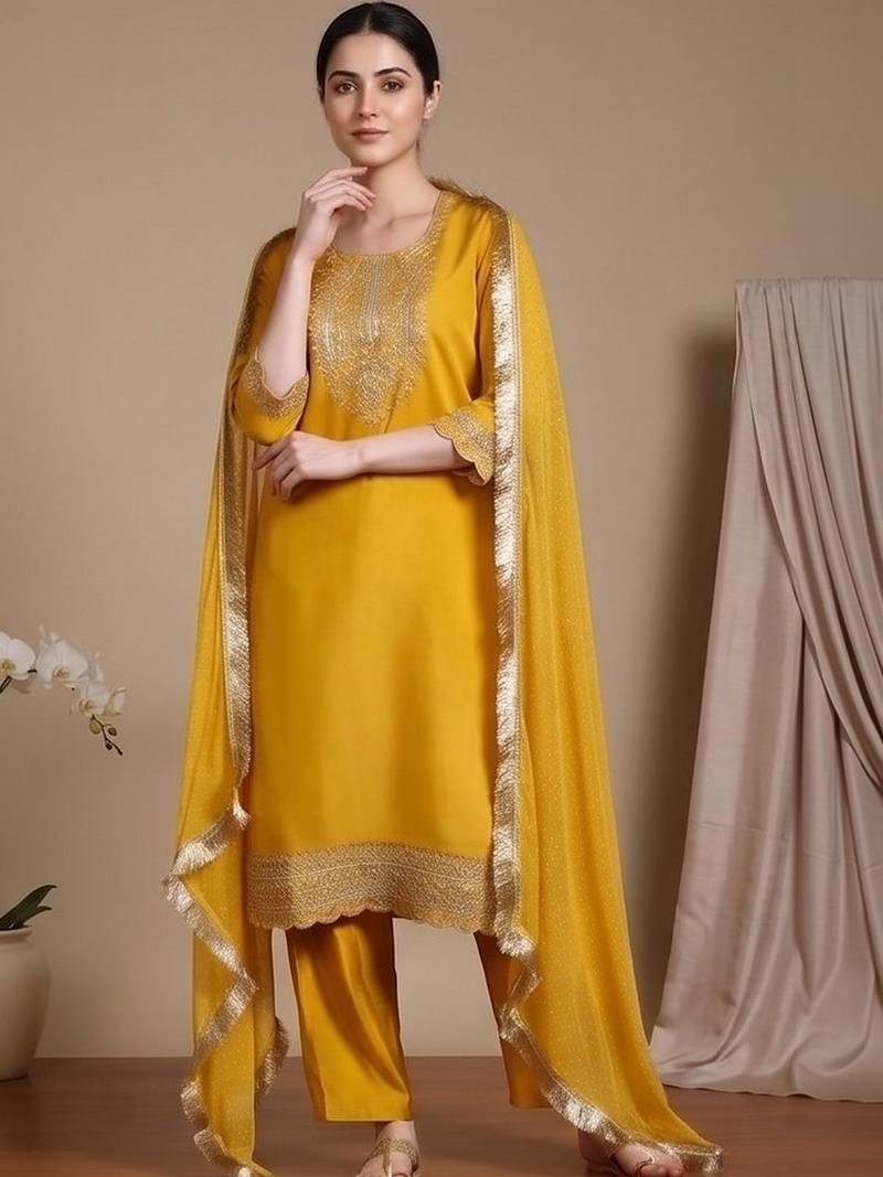 Women Ethnic Motifs Embroidered Regular Thread Work Kurta with Trousers & With Dupatta