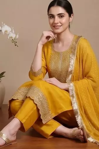 Women Ethnic Motifs Embroidered Regular Thread Work Kurta with Trousers & With Dupatta