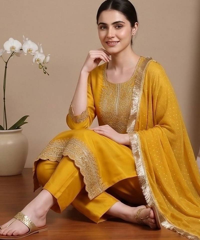 Women Ethnic Motifs Embroidered Regular Thread Work Kurta with Trousers & With Dupatta