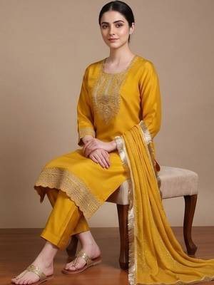 Women Ethnic Motifs Embroidered Regular Thread Work Kurta with Trousers & With Dupatta 6