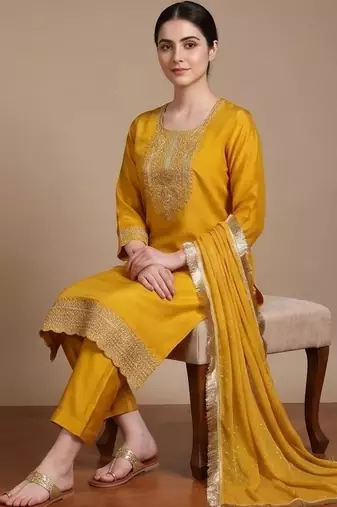 Women Ethnic Motifs Embroidered Regular Thread Work Kurta with Trousers & With Dupatta