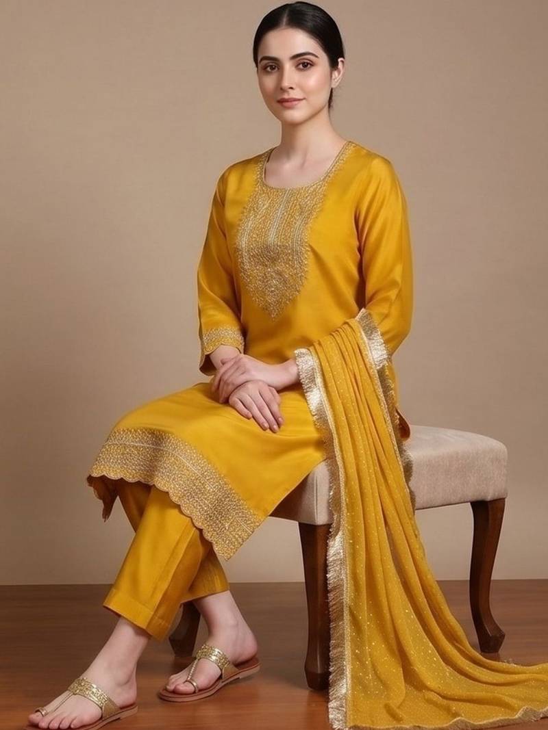 Women Ethnic Motifs Embroidered Regular Thread Work Kurta with Trousers & With Dupatta