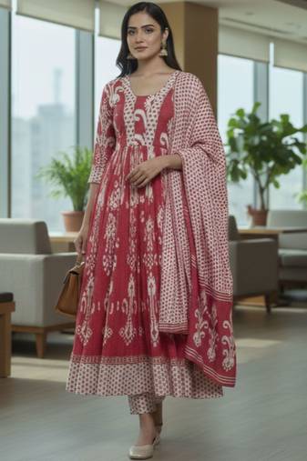Women Ethnic Motifs Printed Regular  Cotton Kurta with Trousers & With Dupatta