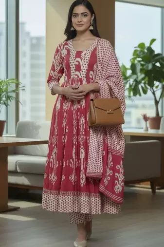 Women Ethnic Motifs Printed Regular Pure Cotton Kurta with Trousers & With Dupatta